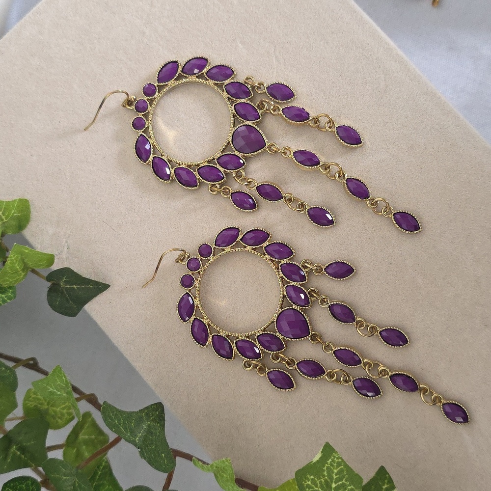 Gold and Purple Chandalier Dangle Statement Earrings